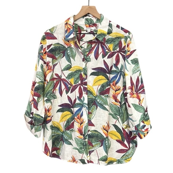 Chico’s No Iron Linen 3/4 Sleeve Floral Tropical Shirt Size 16 - Picture 5 of 15